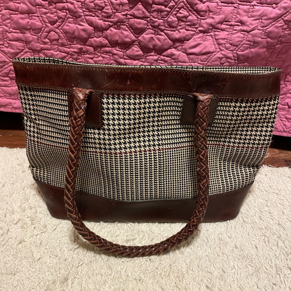 Ralph Lauren Brown Leather & Black/White Houndstooth Shoulder Tote - Picture 5 of 10